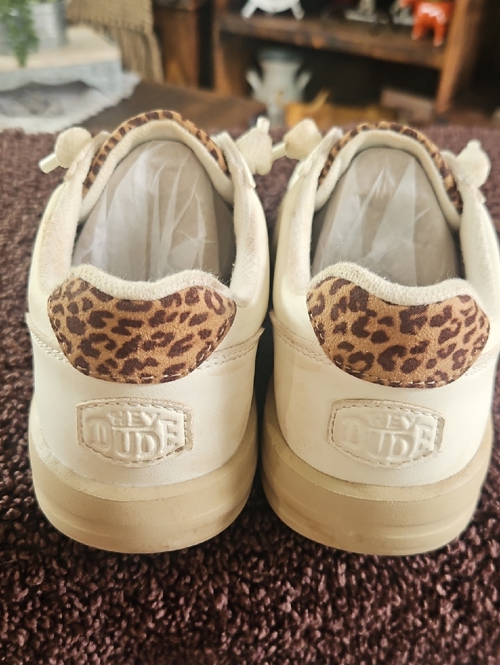 Hey Dude Beige Sneakers with Leopard Heel Accent